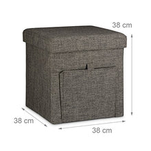 Relaxdays Pouf Contenitore/Poggiapiedi Rivestito in Lino, con Ribaltina e Spazio Interno, Marrone, 38x38x38 cm