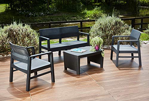 Dmora Salottino per Interno ed Esterno Composto da: 2 poltrone, 1 Divano a Due posti e 1 tavolino, con 8 Cuscini, Made in Italy, Antracite