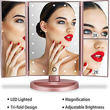 Specchio Per Trucco Vanità Illuminato Triplo Con Ingrandimento 3X / 2X / 1X,21 Luci A LED E Specchio Dimmerabile Touch Screen, Due Modalità Di Alimentazione, Specchio Cosmetico Da Viaggio (oro Rosa)