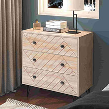 Comodino con 3 cassetti con maniglie in metallo e corridori, unico pannello posteriore e design unico a zig zag