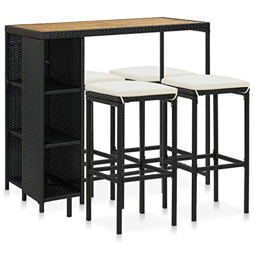 SKM Set da Bar da Giardino 5 pz con Cuscini in Polyrattan Nero (35kg)