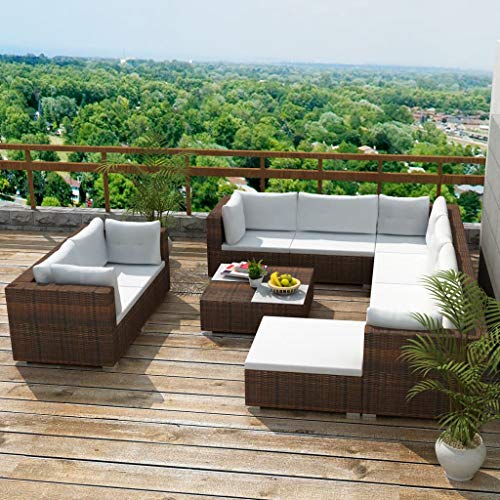SKM Set Divani da Giardino 10 pz con Cuscini in Polyrattan Marrone