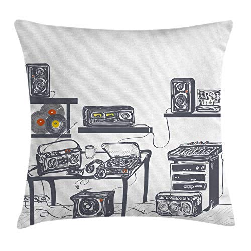 GOSMAO Moderna Fodera per Cuscino, Studio di Registrazione con dispositivi Musicali Giradischi registra Altoparlanti Illustrazione Digitale, 18X18 Pollici
