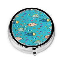 Scatola rotonda per medicina portatile, mini portapillole in metallo, dispenser per pillole tascabili, borsa da viaggio, motivo: pesce astratto disegnato a mano
