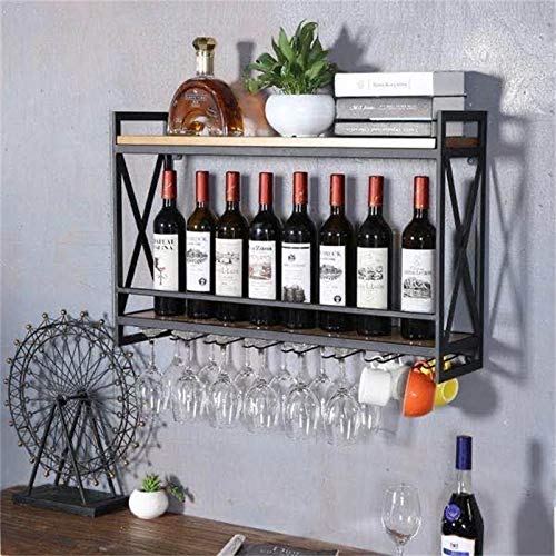 Porta bottiglie da vino Portabottiglie industriale a 2 livelli a parete con portabicchieri, portabottiglie da appendere, ripiani in legno per bicchieri da vino, flauti, tazze, decorazioni per la ca