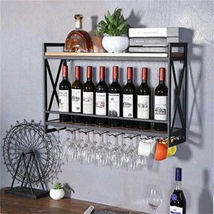 Porta bottiglie da vino Portabottiglie industriale a 2 livelli a parete con portabicchieri, portabottiglie da appendere, ripiani in legno per bicchieri da vino, flauti, tazze, decorazioni per la ca