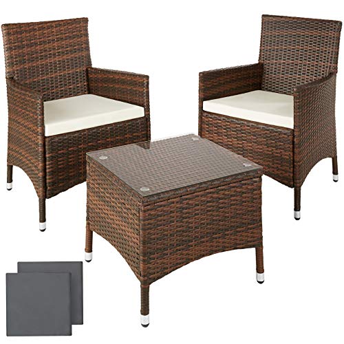TecTake SET DI MOBILI RATTAN ALLUMINIO ARREDAMENTO GIARDINO SET COMPLETO + 2 set di rivestimenti di ricambio per i cuscini, viti in acciaio inox -disponibile in diversi colori- (Nero/Marrone)