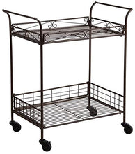 Carrello con ruote in metallo anticato.