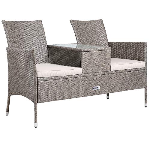 Casaria Panchina da Giardino Polyrattan 2 Posti Tavolino Vetro Cuscini Idrorepellenti 7cm Tortora