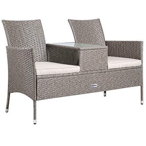 Casaria Panchina da Giardino Polyrattan 2 Posti Tavolino Vetro Cuscini Idrorepellenti 7cm Tortora