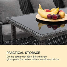 blumfeldt Titania Dining Lounge Set - Arredamento da Giardino, Set per Angolo, Set in 5 Parti: Divano ad Angolo, Tavolo, 3 Sgabelli, 7 Posti, Imbottitura 8cm, Federe Grigio Scuro, Rattan: Nero