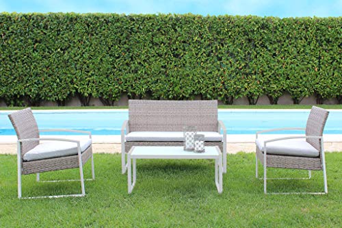 Milani Home s.r.l.s. Salotto da Esterno per Portico e Giardino con Cuscini in Metallo e Wicker Intrecciato Rattan Sintetico, D.11 x 62 x 75/P.59 x 62 x 75/T.83,5 x 45 x 37,5