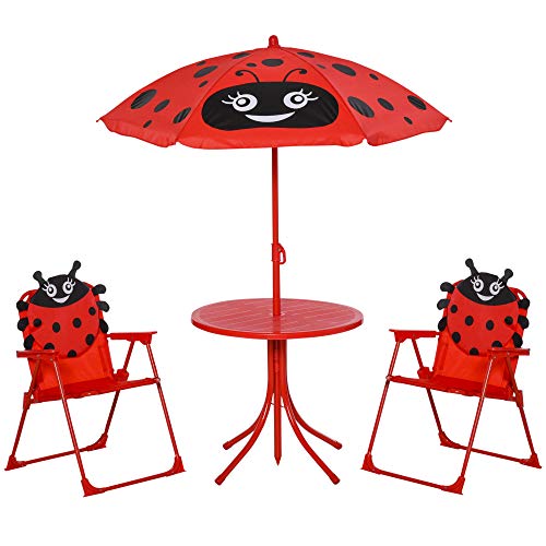 Set Tavolino e 2 Sedie Pieghevoli da Giardino per Bambini con Ombrello Rosso Coccinella