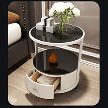 LICHUAN Tavolino moderno rotondo comodino in vetro temperato comodino con 1 cassetto mensola portaoggetti creativo accento tavolino per casa, camera da letto, ufficio, facile da montare