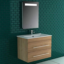 Lavabo in ceramica con mobiletto in rovere opaco, specchio con illuminazione a LED, mobile da bagno per gli ospiti, bagno e lavabo di design a specchio