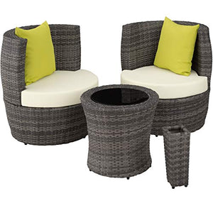 TecTake 800690 Set di Mobili da Giardino o Balkone Poli Rattan e Alluminio, Riponibile in Ovale Formato Salvaspazio, 2 Sedie + 1 Tavolo + 1 Vaso, con Cuscini - Colori Diversi (Grigio | No. 403141)