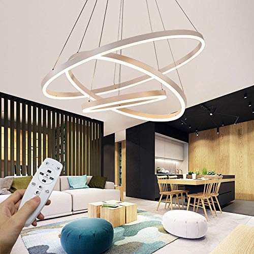 Moderna lampada a sospensione a LED, 3 anelli collezione di vernice bianca, applique a sospensione a luce regolabile Lampadario a soffitto moderno, dimmerabile 2700K - 6500K, con telecomando - 78W