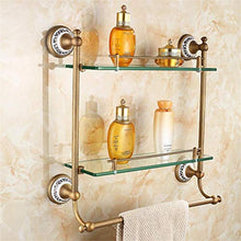 GYCS Mensole da Bagno antiche a Due Piani, Design in Porcellana Blu e Bianca, Ottone, processo Spazzolato, 43,5 * 40 cm