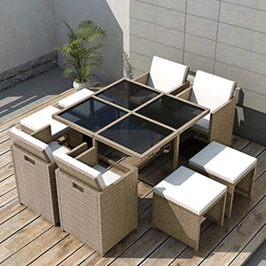 OUSEE Set da Pranzo da Giardino 9 pz con Cuscini in Polyrattan Beige