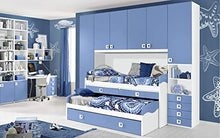 Dafne Italian Design Cameretta Completa a Ponte - Bianco, Avio (Triplo Letto Singolo e Armadio) (cm. 300 x 96 x 259h)