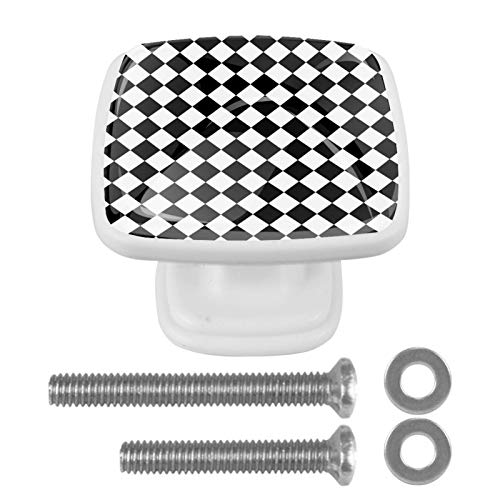 Set di 4 maniglie rotonde per armadio da cucina, credenza, cassettiera, cassettiera, con viti, per cucina, comò, armadietto, bagno, armadio, nero e bianco quadrato a scacchiera