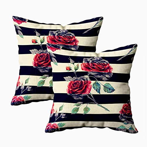 Kris.D Federe per Cuscini con Cerniera, federe quadrate per Fodere per Cuscino 2 Pezzi Modello Acquerello Rosa Rosso a Strisce Nero Vintage federe per Cuscino da Fattoria da Verde Turchese