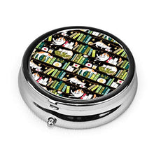 Scatola rotonda per medicina portatile, mini pillole in metallo, dispenser per pillole tascabili, borsa da viaggio, biblioteca e gatti