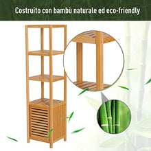 homcom Mobile Alto Bagno/Terrazzo, Scaffale a Torre in Bambù 4 Ripiani + Armadietto con Anta, 36x33x140cm, Color Legno