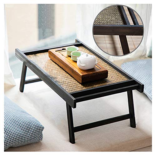 Tavolino in Legno Massello, Piano in bambù Intrecciato, con Gambe Pieghevoli, Tavolo Rettangolare Retro per Soggiorno Camera da Letto Giardino Esterno Campeggio