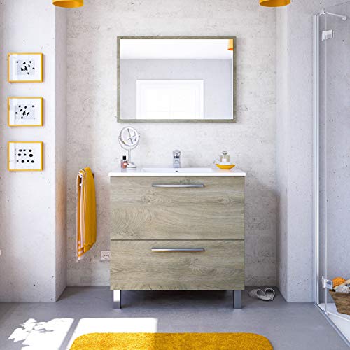 MarinelliGroup Mobile Bagno 80 cm con lavabo in Ceramica e Specchio con cassetti Rovere Chiaro Mora - 305412C