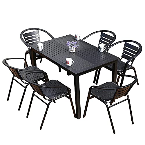 VBARV Set da Pranzo in Metallo a 7 Pezzi, Tavolo da Esterno con 6 sedie, Tavolo da bistrot Lungo con Foro per ombrellone, per Giardino sul Retro, terrazza, Cortile