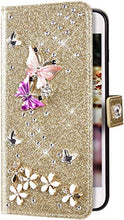 Custodia Compatibile con Samsung Galaxy J6 2018 Cover Sparkle Bling Diamante e Farfalla Pelle PU Portafoglio Libretto Magnetica Cover Brillante Fiore Libro Folio Flip Cover Silicone Cover Oro