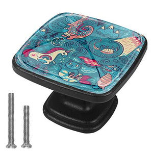 Set di 4 pezzi con maniglia quadrata per armadio da cucina, credenza, cassettiera, cassettiera, con viti, per cucina, comò, armadietto, bagno, armadio Dinasour unicorno gatto mostro