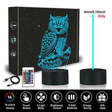 CooPark Lampada da comodino gufo per bambini, gufo 3D Illusion Lampada da tavolo Arredamento camera da letto Interruttore tattile remoto 16 colori che cambiano giocattoli Regali di compleanno