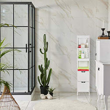 Relaxdays Mobiletto da Bagno, Armadietto a Colonna, 144 x 30 x 30 cm, 2 Cassetti, 3 Scaffali, da Terra, Rustico, Bianco
