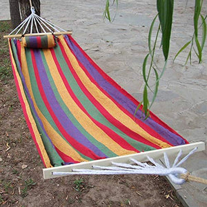 Garden Hammock portatile della tela di canapa a righe Amache Outdoor Leisure Viaggi Attrezzature con palo di legno + Pillow banda di colore su tela Hammock di campeggio con il legame Corda E Canvas Ba