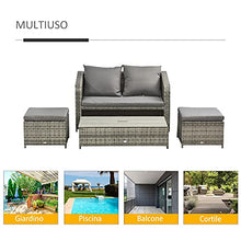 Outsunny Mobili da Giardino in Rattan Salotto da Esterno Set 4 Pezzi con Divano, Tavolino Regolabile e Pouf, Grigio