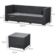 Outsunny Set Mobili da Giardino in Rattan PE Divano 3 Posti e Poggiapiedi/Tavolino, Cuscini Sfoderabili, Nero Grigio