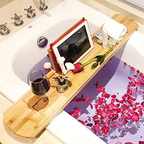 XXIOJUN Porta Vasca da Bagno, Legno Massiccio Scheda Portaoggetti Multifunzione Stile Semplice, Regolabile Squisita Fattura Comodo al Tatto, Libri Telaio di Supporto per Smartphone