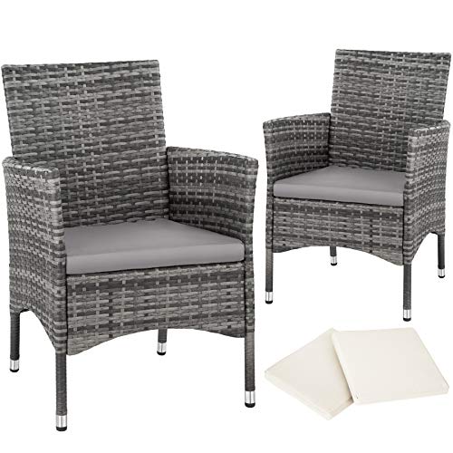 TecTake 403224 2 Pezzi Sedie da Esterno Sedia da Giardino Poli Rattan Poltrona Set + 2 Set di Rivestimenti per Cuscini + Viti in Acciaio Inox Grigio