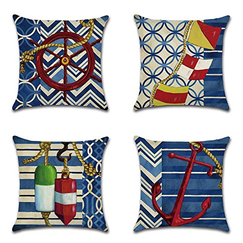 GSYYSZD Fodera per Cuscino, 4 Pezzi di Federa Decorativa Vita Nautica 45 cm x 45 cm Cotone Lino Decorazione della casa Durevole,04
