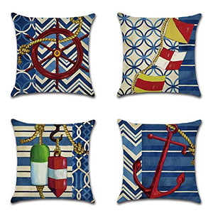 GSYYSZD Fodera per Cuscino, 4 Pezzi di Federa Decorativa Vita Nautica 45 cm x 45 cm Cotone Lino Decorazione della casa Durevole,04