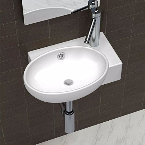 Lavabo ovale bianco lucido con un foro, in ceramica, da tavolo o da appendere alla parete, 41 x 28 x 12,5 cm