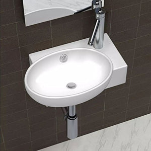 Lavabo ovale bianco lucido con un foro, in ceramica, da tavolo o da appendere alla parete, 41 x 28 x 12,5 cm