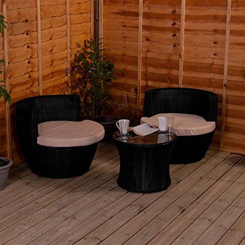 Home Discount, set di mobili da giardino in rattan, 2 posti, colore: nero e crema, per veranda, salotto, salotto, salotto, salotto, con piano in vetro, cuscini UKFR