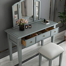 Toeletta con Tre-specchi Pieghevoli,Vanity Toeletta da Trucco Scrivania con Sgabello Imbottito per Le Donne Ragazze,3 Cassetti,Gambe in Legno Solido-Nero 120x50x156cm(47x20x61inch)