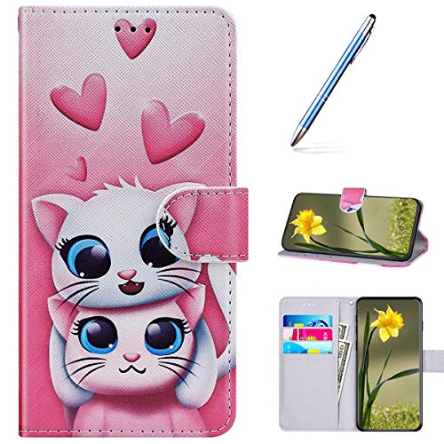URFEDA Compatibile con Huawei Honor 10 Lite Custodia Pelle Cover Retro Flip Case Colorato Cover Portafoglio Magnetica Libro Cuore Custodia Libretto Antiurto Cover Supporto Stand Wallet Case Gatti
