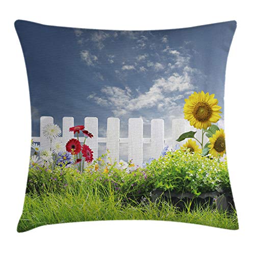 ABAKUHAUS Rustico Federa Fodera Cuscino, Margherita Fiori in Yard, Copricuscino Quadrato Decorativo, 50 cm x 50 cm, Bianco Verde Blu