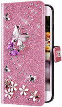 Robinsoni Custodia Compatibile con Huawei Y7 2018 Cover Sparkle Bling Diamante e Farfalla Pelle PU Portafoglio Libretto Magnetica Cover Brillante Fiore Libro Folio Flip Cover Silicone Cover Rosa