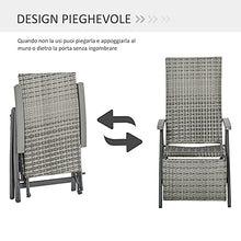 Outsunny Sedia Sdraio da Giardino Pieghevole Reclinabile in Rattan PE con Braccioli e Poggiapiedi, 59x68x107cm Grigio